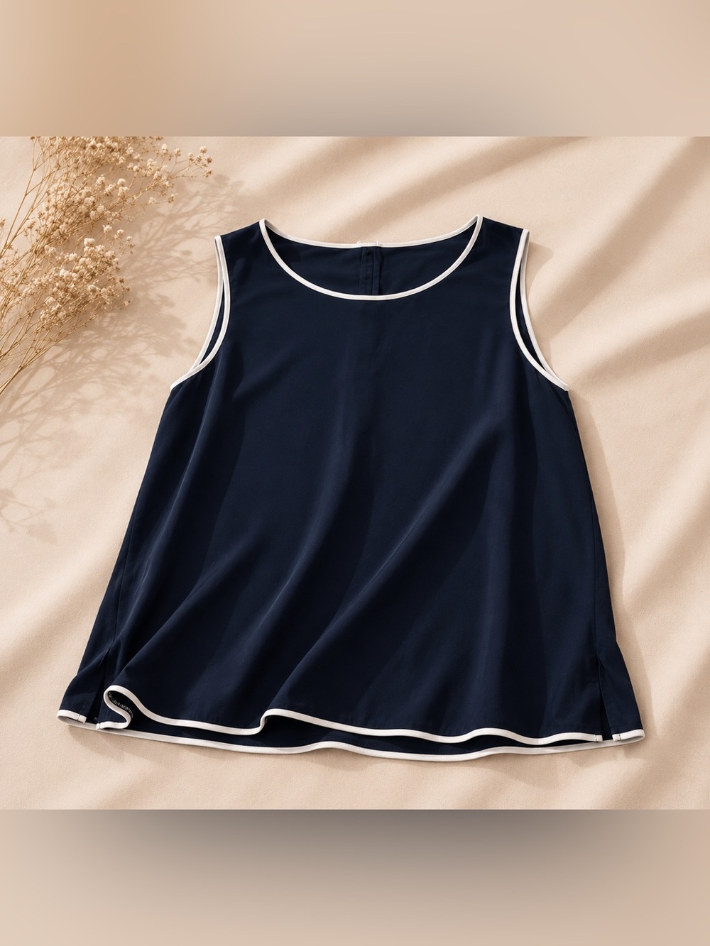 Blue and White Sleeveless Tank Top with Trim